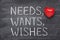 needs, wants, wishes heart