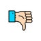 Negative feedback, thumb down, dislike flat color line icon.