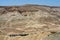 Negev desert of southern Israel in summer. Melange of brown, rocky, dusty mountains interrupted by wadis dry riverbeds, deep cra