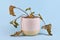 Neglected dying house plant with hanging dry leaves in white flower pot on blue background