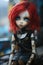 Neglected and lonely lifelike doll with bright red dyed hair in abandoned city backstreets - generative AI