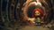 Neglected toy doll with red hair living alone in a dismal abandoned industrial factory - generative AI