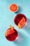 Negroni cocktail with blood oranges, shot from the top