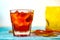 Negroni on a wooden board, white background