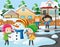 Neighborhood scene with kids playing with snowman