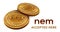 NEM. Accepted sign emblem. Crypto currency. Golden coins with NEM symbol isolated on white background. 3D isometric Physical coins