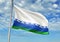 Nenets Autonomous District region of Russia Flag waving with sky on background realistic 3d illustration