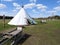 Nenets herders hut for the summer on a meadow, on a clear day