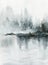 Neo-noir landscape. Blue river / lake / sea / ocean with mountains and forest in fog - hand drawn watercolor painting