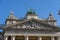 Neo Renaissance main facade with court trial sculptures on tympanum field of Museum of Ethnography in Budapest