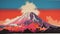 Neo-traditional Japanese Volcano Poster: Vibrant Colors And 1970s Color Blocking