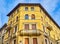 Neoclassical facade of an European building. Bergamo, Lombardy, Italy