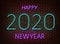 Neon 2020 new year signs   on brick wall. New year party light symbol, text decoration effect. Neon 2020