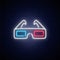 Neon 3D glasses sign. Bright glowing glasses icon.