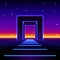 Neon 80s styled massive gate in retro game landscape with shiny road to the future