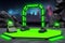 neon abstract frame podium with glowing square frame and cobblestone rocks ruins. Neural network AI generated
