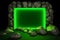 neon abstract frame podium with glowing square frame and cobblestone rocks ruins. Neural network AI generated