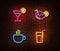 Neon alcohol drinks signs vector isolated on brick wall. Coctail light symbol, decoration effect. Ne