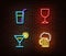 Neon alcohol drinks signs vector isolated on brick wall. Coctail light symbol, decoration effect. Ne