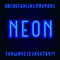 Neon alphabet vector font. 3D type letters with blue neon tubes and shadows.