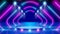 Neon arch, podium, stage light, led arcade. Background, backdrop for displaying products. Pink blue purple glowing neon arch,