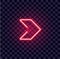 Neon arrow luminous indicator neon tube showing right direction to right side glowing vector icon on transparent