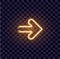 Neon arrow luminous indicator neon tube showing right direction to right side glowing vector icon on transparent