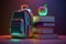 neon back to school background, books, apple and backpack