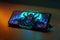 A neon-backlit smartphone displays the character of a mobile strategy game in the MOBA genre. Generative AI