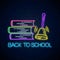 Neon banner with back to school text, books and ringing bell. Welcome back to school design