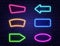Neon banners set. Color neon frames on brick wall. Realistic glowing night signboard. Shining neon effect. Night bright