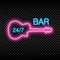 Neon bar sign with guitar. Glowing and shining bright signboard of opened bar. Vector.