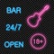 Neon bar signs set - guitar, open, 18 plus. Glowing and shining bright signboards collection. Vector.
