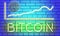 Neon Bitcoin chart on a blue brick background