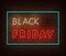 Neon Black Friday text banner vector isolated on brick wall. Special price offer light symbol, decoration text effect. Neon black