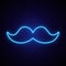 Neon blue mustache icon on dark brick wall background.