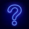 Neon blue question mark on dark brick wall. Cinema, show, theatre, circus, casino design. Intellectual signs. Laser