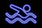 Neon blue silhouette of freestyle swimmer with waves on black background