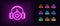 Neon bomb icon. Glowing neon bomb with headphones and heart sign, explosive sound