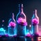 Neon bottles with flowers on a dark background. 3d illustration AI Generated