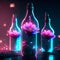 Neon bottles with flowers on a dark background. Vector illustration. AI Generated