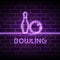 Neon bowling vector illustration. Glowing continuous line drawing of bowling ball, pin on purple brick wall background.