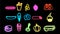 Neon bright glowing multicolored set of 15 icons of delicious food and snacks items for restaurant bar cafe: hot dog, chicken in a