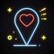 Neon bright location sign on dark background. Map pin pointer symbol. Navigation. Glowing heart shape.