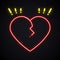 Neon broken heart sign. Light divorce symbol. Heartbreak, treachery, breakup bright theme.