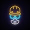 Neon builder sign. Man in helmet, respirator and goggles.