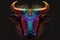 Neon bull head illustration with bright colors over dark background.