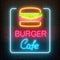 Neon burger cafe glowing signboard on a dark brick wall background. Fastfood light billboard sign.