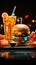 Neon burger and drink cup illuminate message frame, symbolizing delectable cravings.