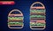 Neon burgers different sizes Vector poster. Glowing Fastfood light billboard symbol. Cafe menu templates